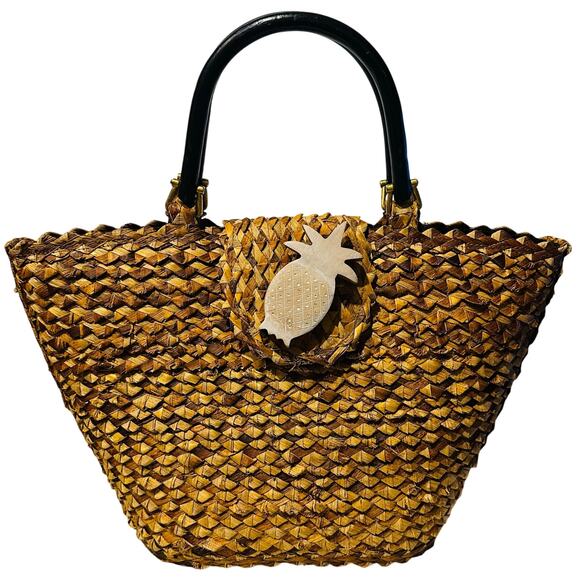 Wicker Straw Woven Handbag Wooden Pinapple Double Wooden Handles Beach vacation - Picture 2 of 10